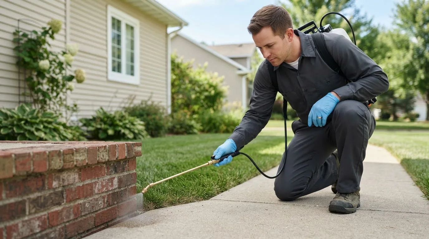 Pest control technician treating a home near Depue, IL