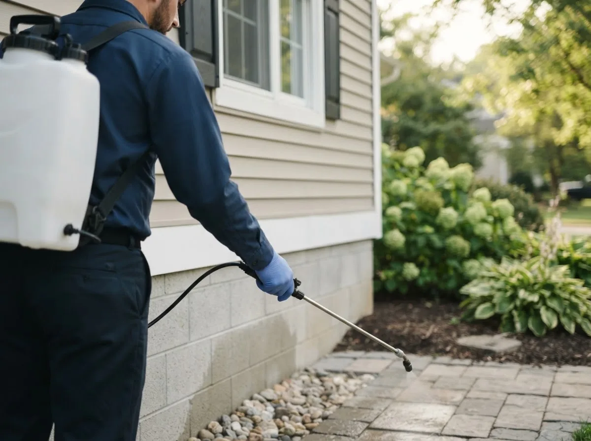 Pest control technician inspecting a home in Depue, IL